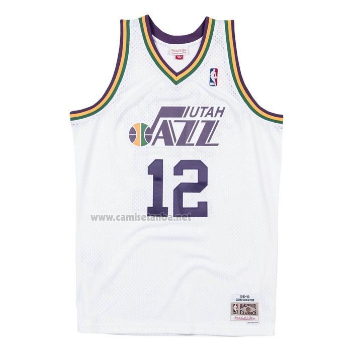 Camiseta Utah Jazz John Stockton NO 12 Mitchell & Ness 1991-92 Blanco